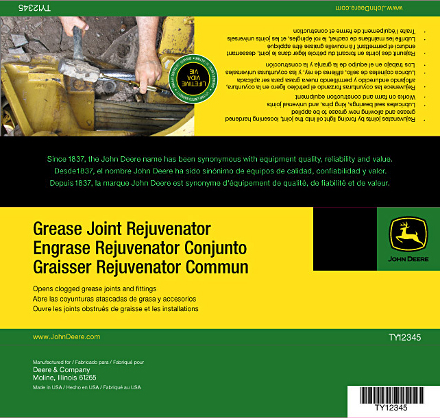 Grease Joint Rejuvenator box label for John Deere